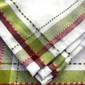 Six Cotton Cloth Napkins Country Cabin Farmhouse casual style cream green red